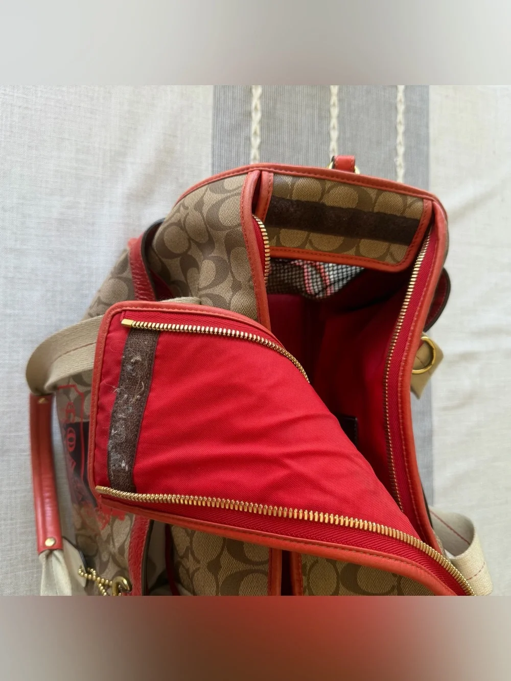 Rare Coach Heritage Stripe Pet Carrier Dog Purse Old Money Luxury Travel Orange